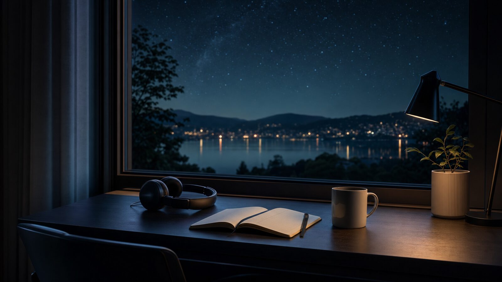 A wooden desk lit by a single warm lamp with headphones, a journal, and a mug, looking out at a still lake at night.
