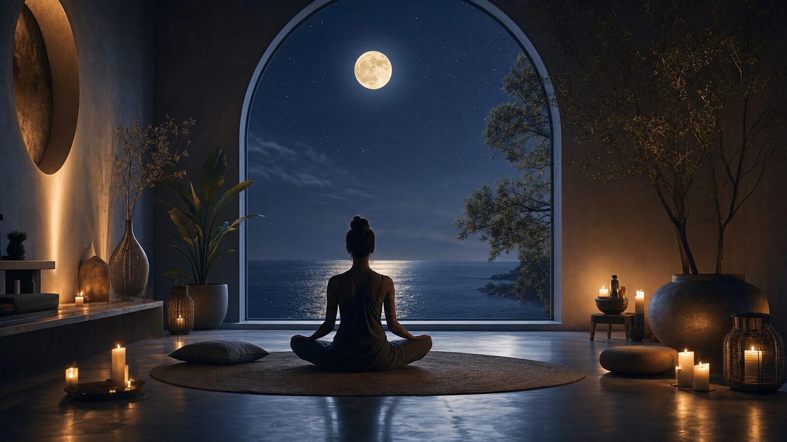 A woman sits cross-legged in lamplight by an arched window overlooking a calm moonlit ocean.