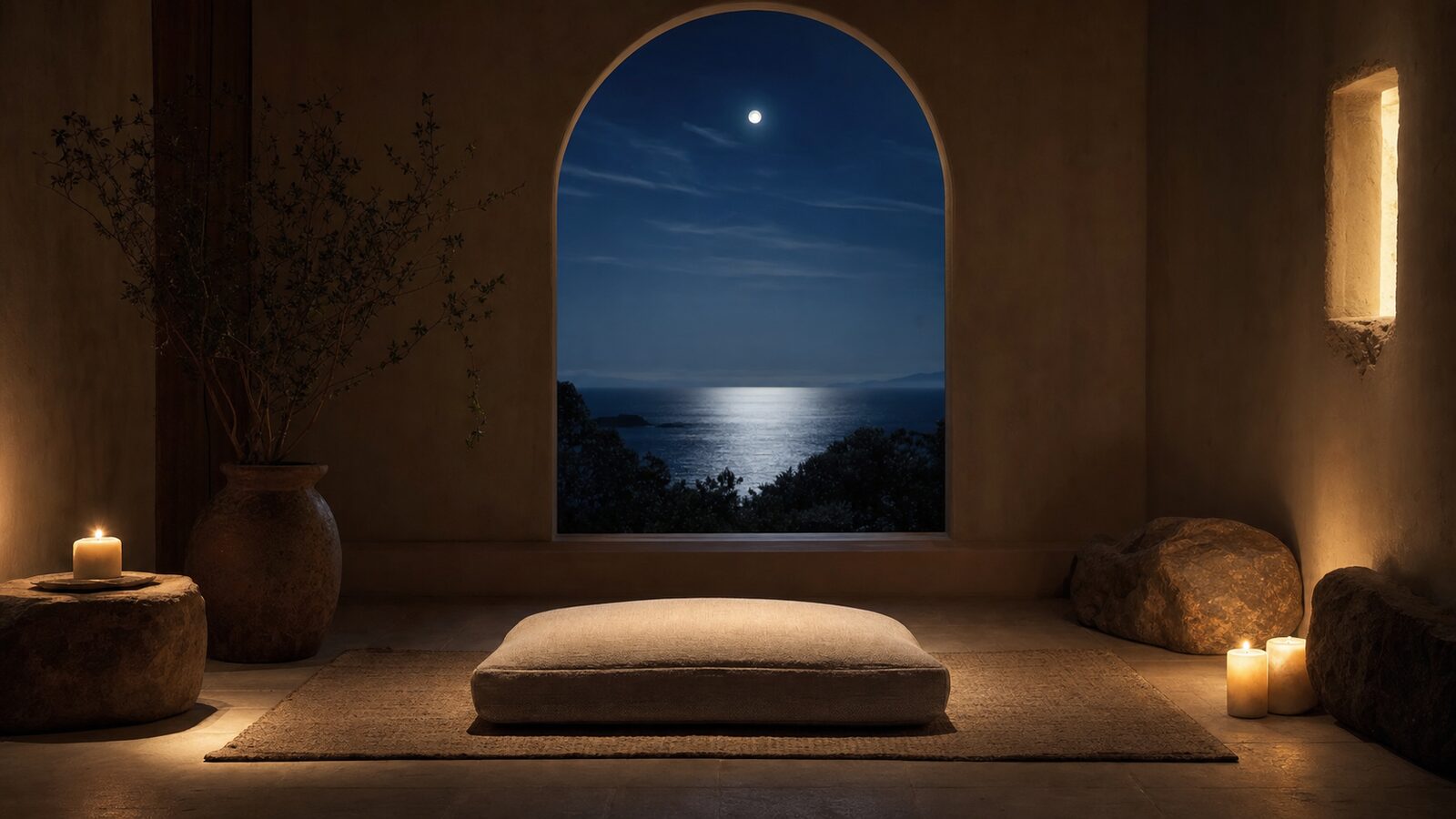 A meditation cushion at an arched window opening on a moonlit ocean — a quiet place to read the breathing guide.