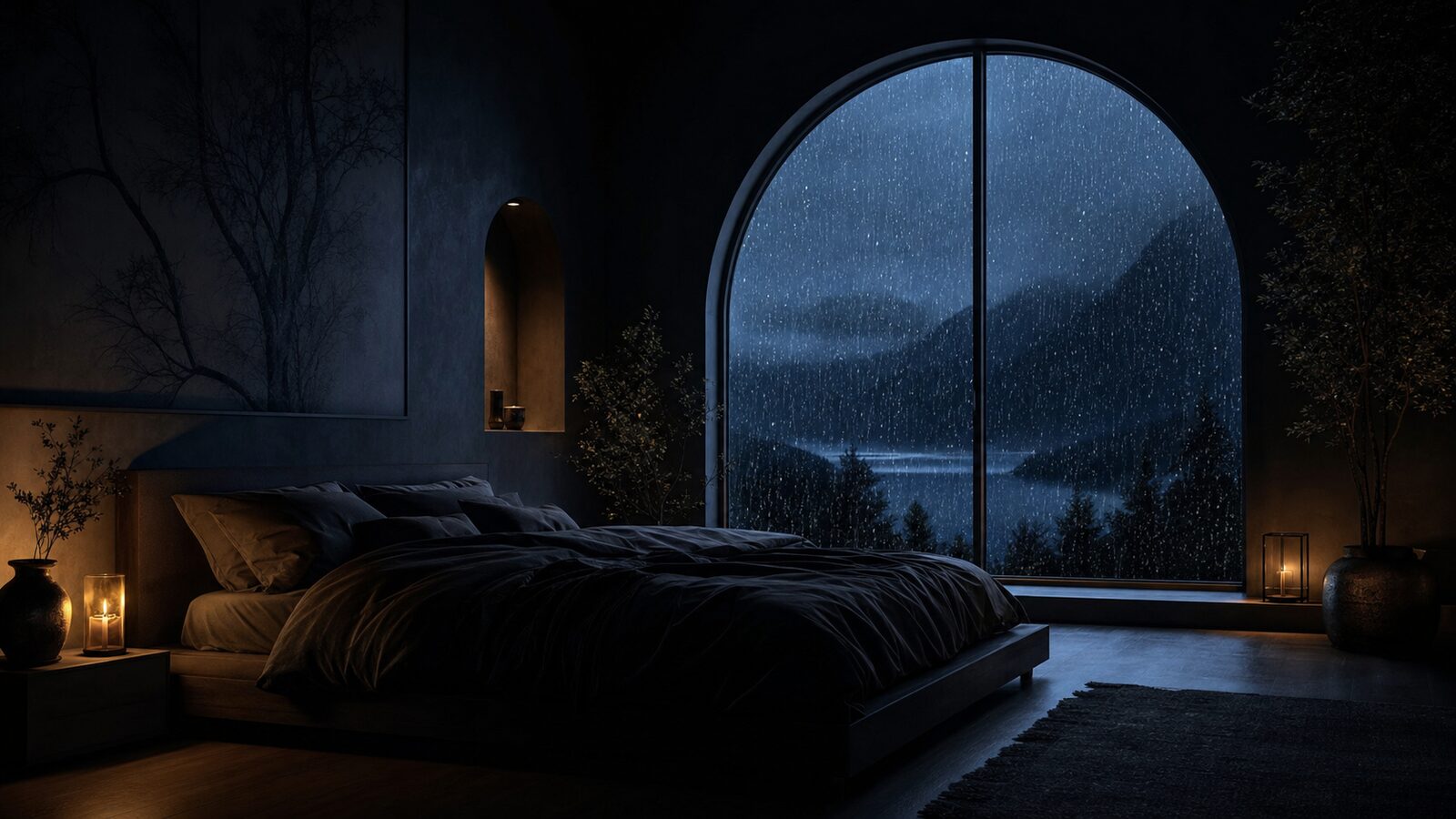 A dark bedroom with rain on the arched window and mountains in the night beyond.
