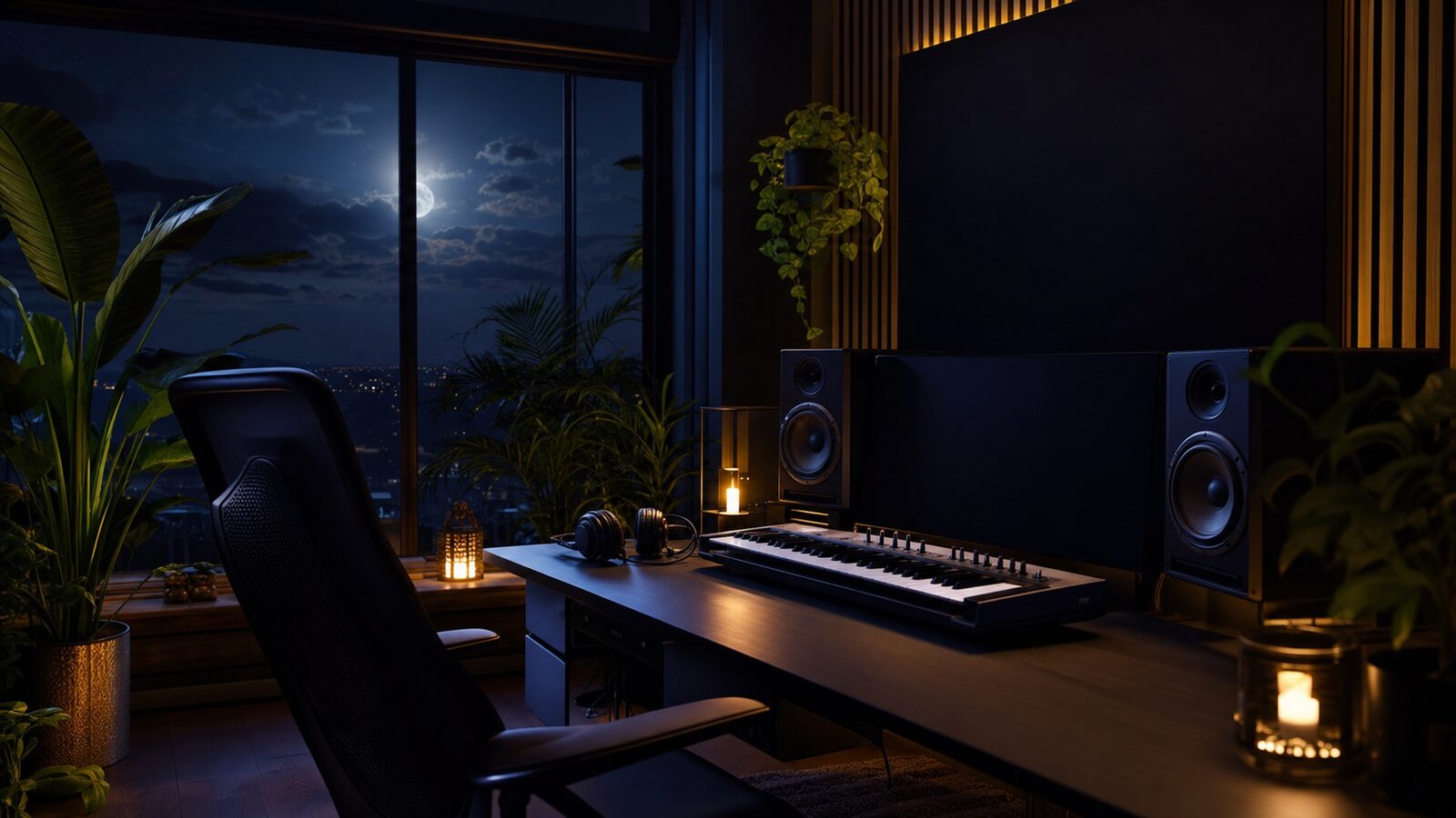 A small home music studio with monitor speakers, a midi keyboard, and a moonlit window.