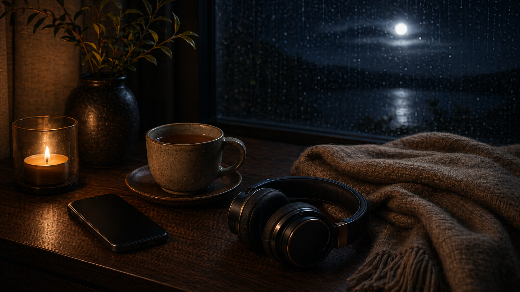 A realistic evening ritual with tea, candle, headphones, and a phone face down