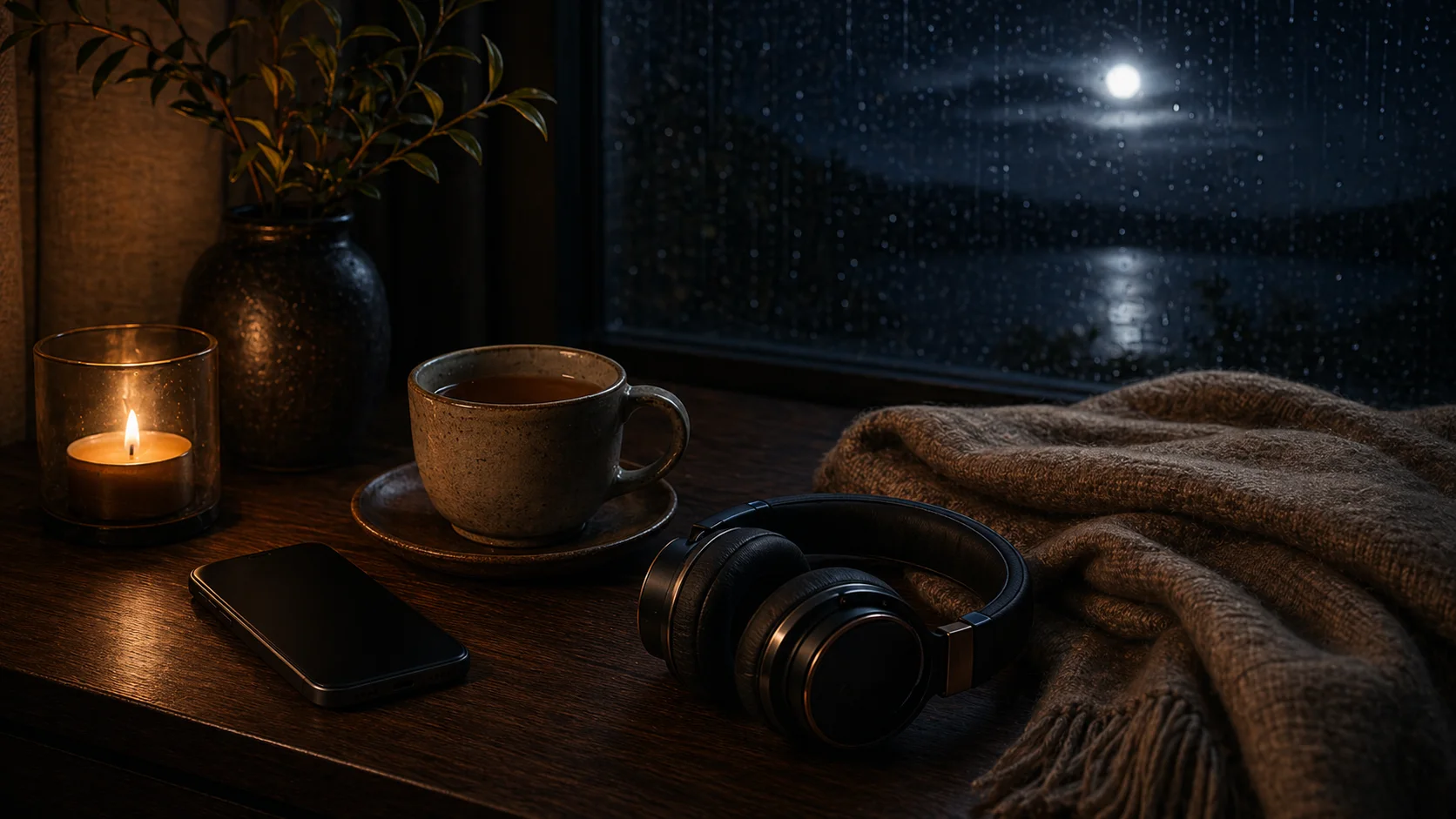 A cup of evening tea steaming beside a candle at night