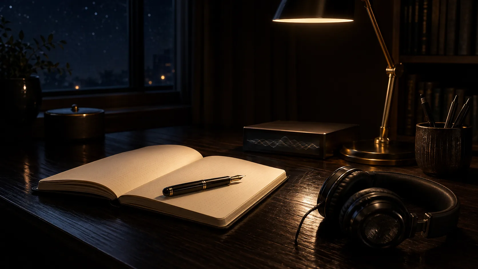 A minimal desk lit by a single lamp for late night focused work