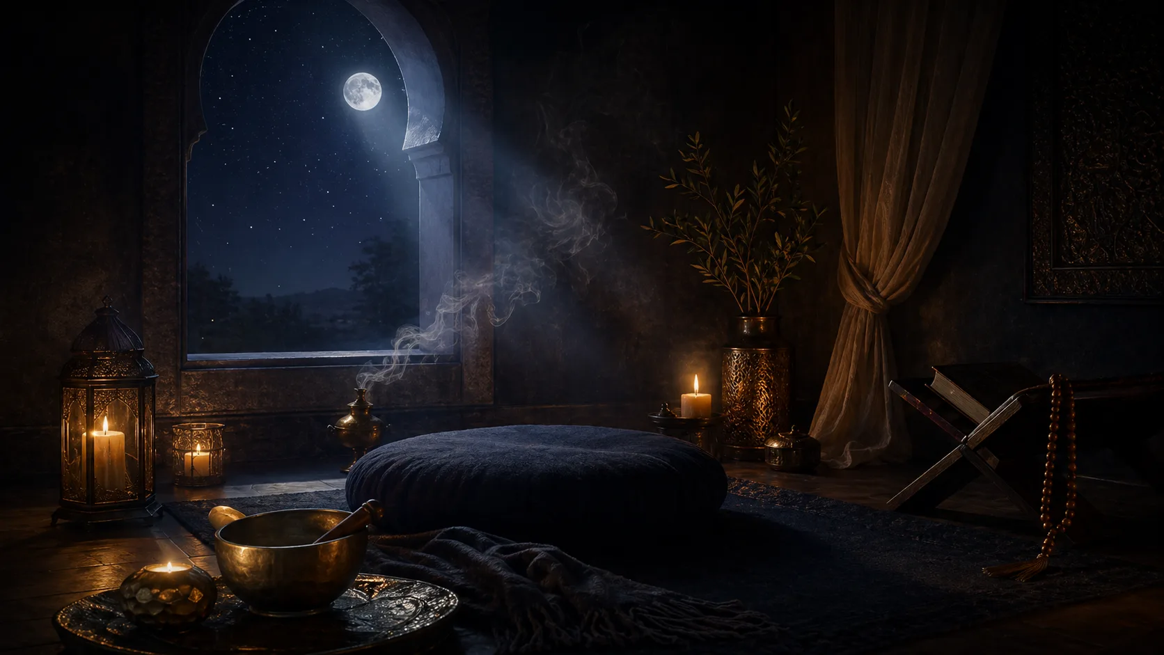A candlelit meditation alcove with cushions and soft shadows