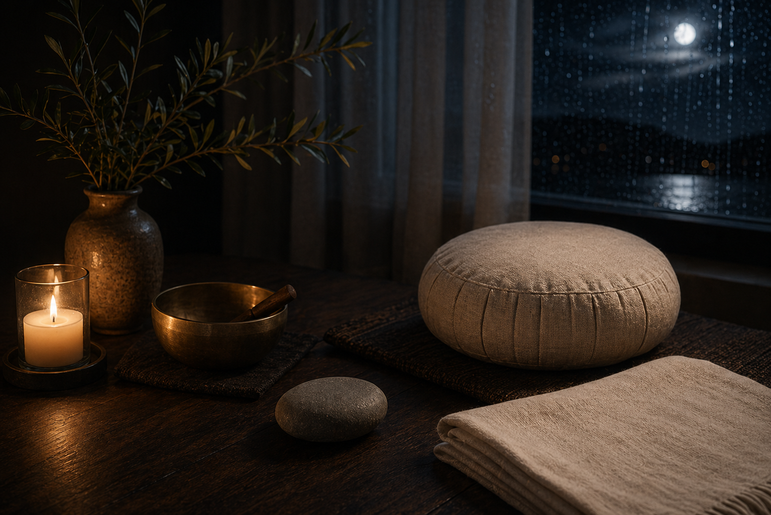 A realistic meditation guide still life with cushion, journal, candle, and bowl