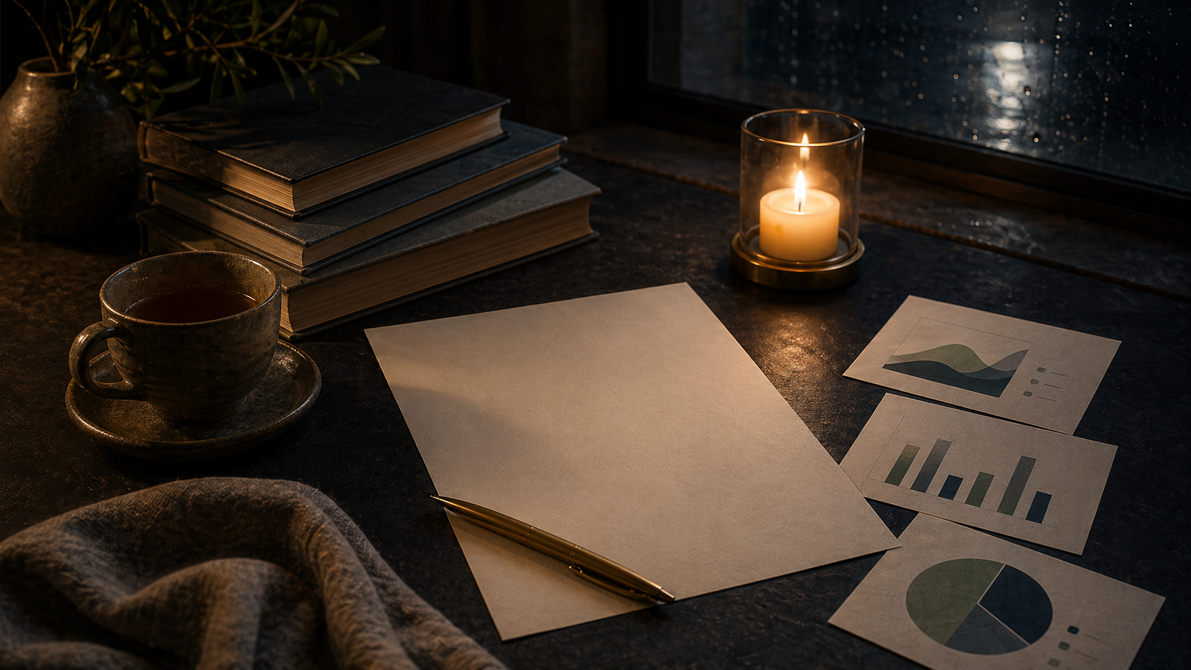A realistic candlelit meditation research letter on a dark desk with tea and journals