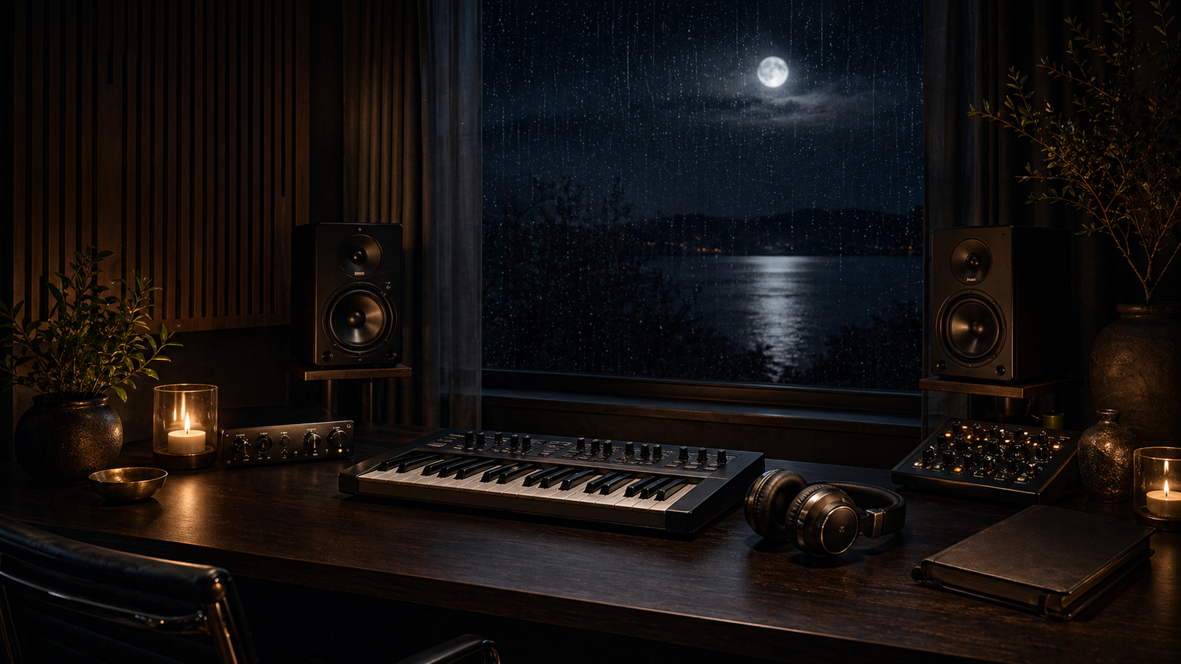 A realistic nighttime ambient music studio with speakers, headphones, and rain outside