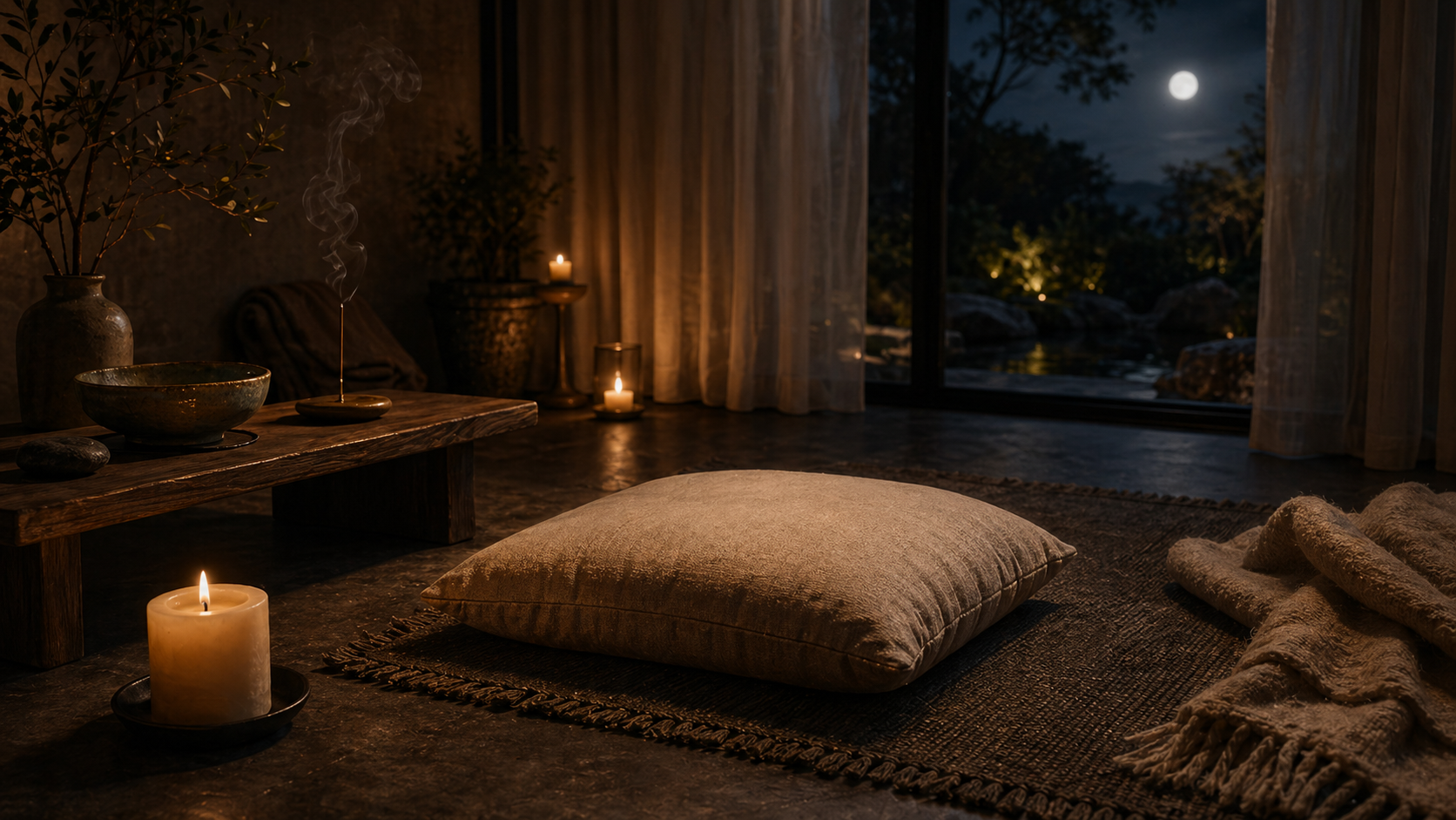 A realistic candlelit meditation room for stress and mood support