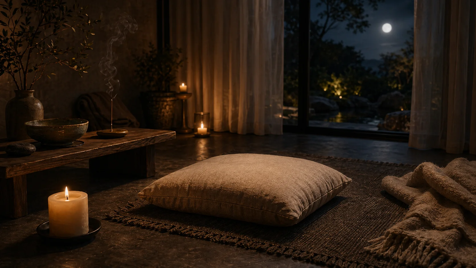 A person meditating beside candles in a dim quiet room