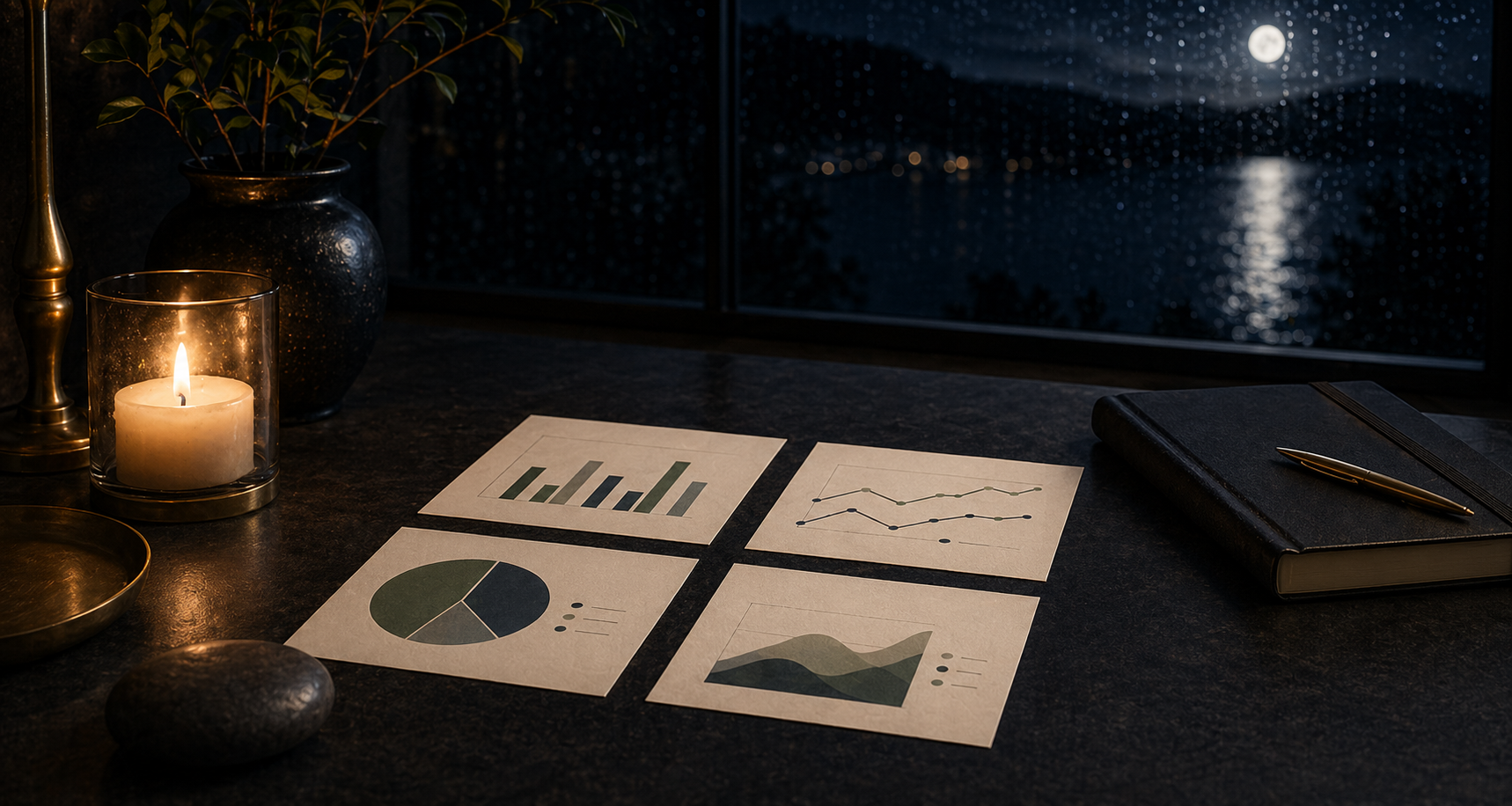 A realistic meditation research table with abstract chart cards and candlelight
