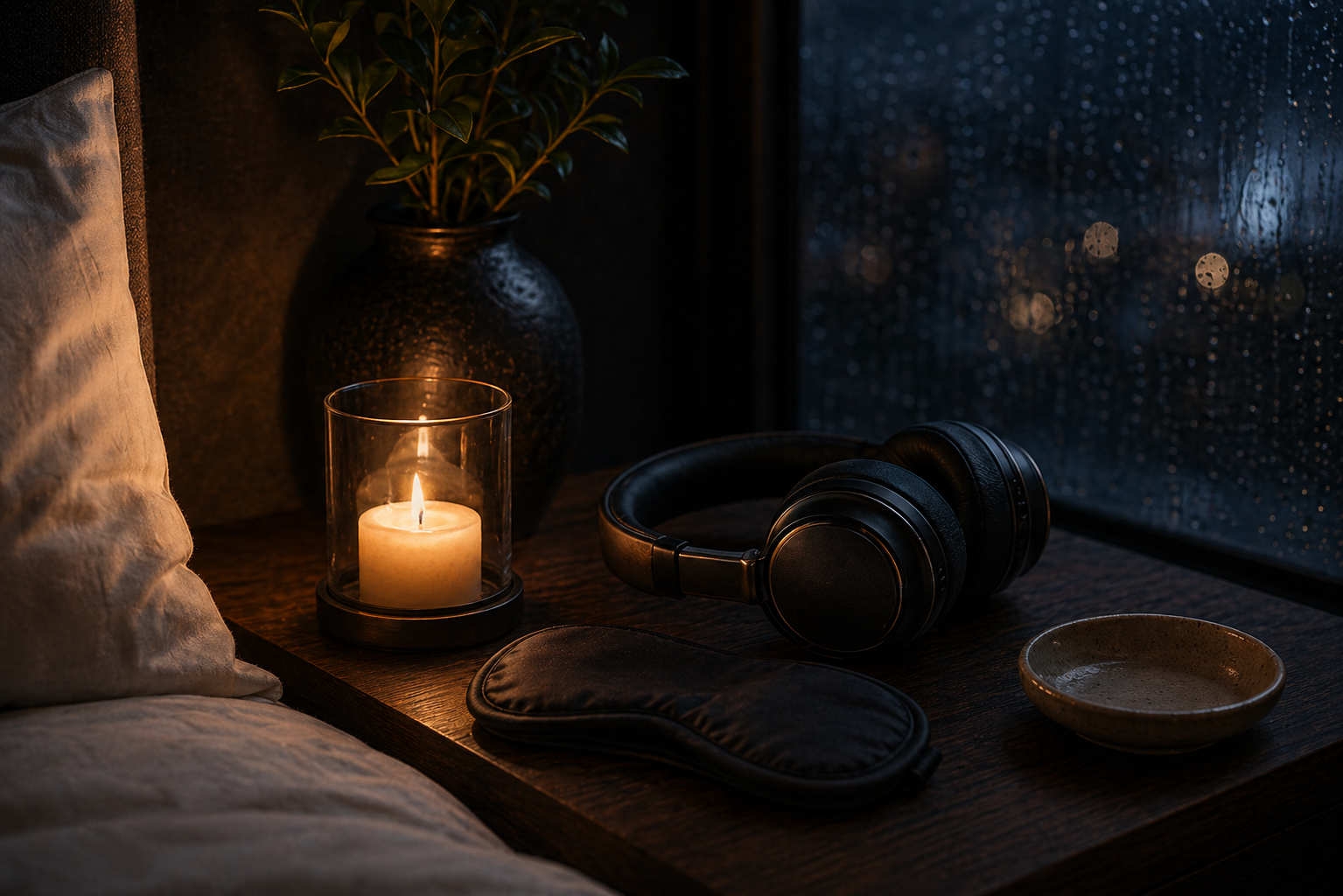 A realistic dark bedroom with rain on the window for sleep routines