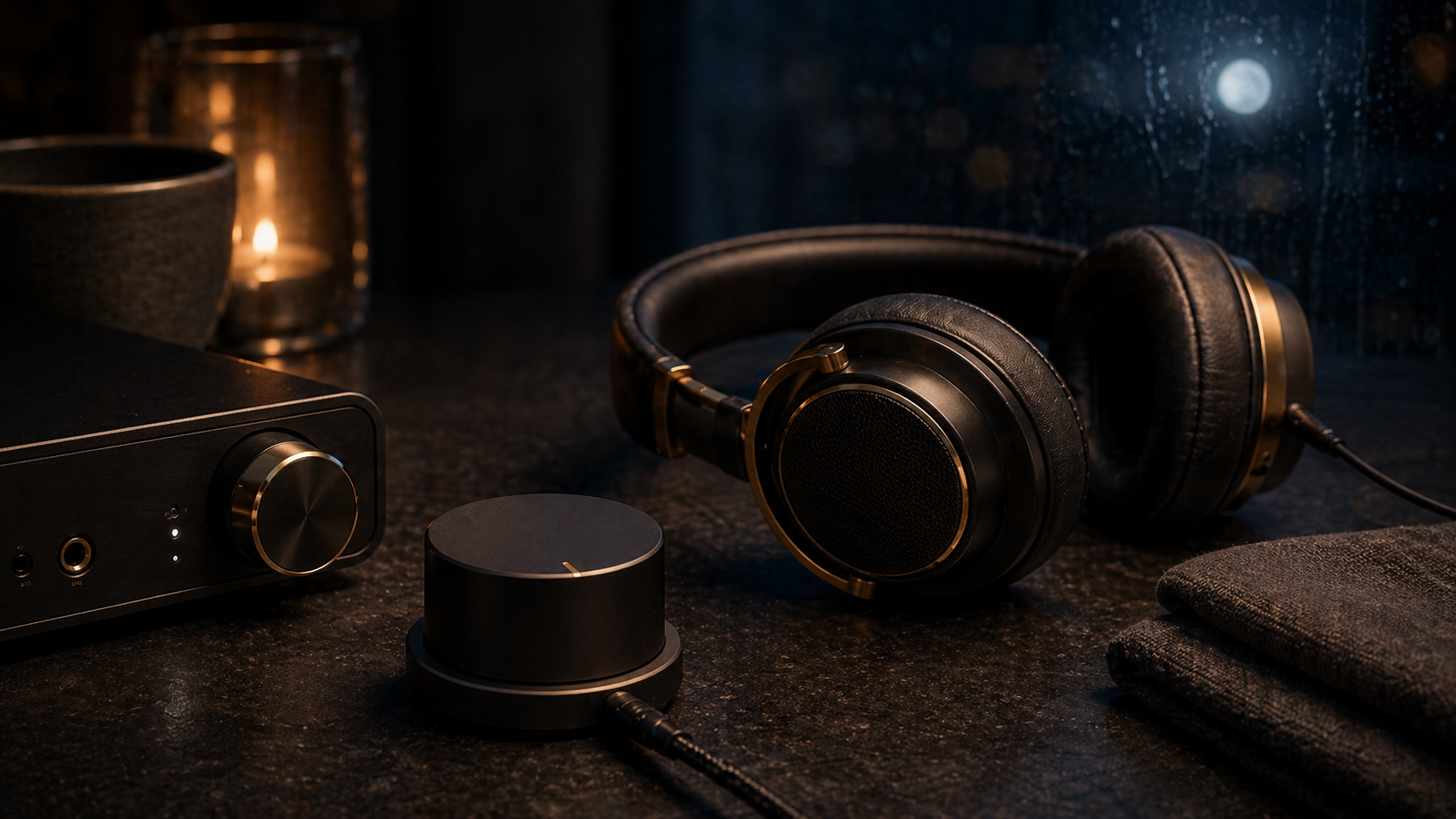 A realistic safe listening setup with headphones and a volume control
