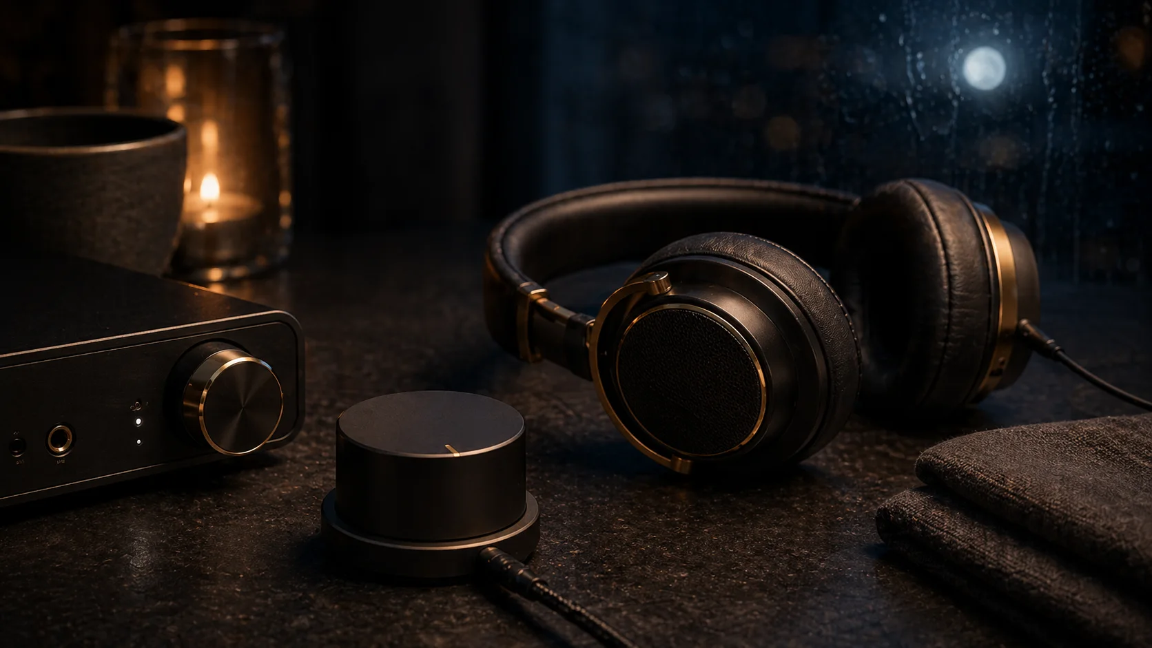 Headphones resting on a nightstand at a gentle low volume