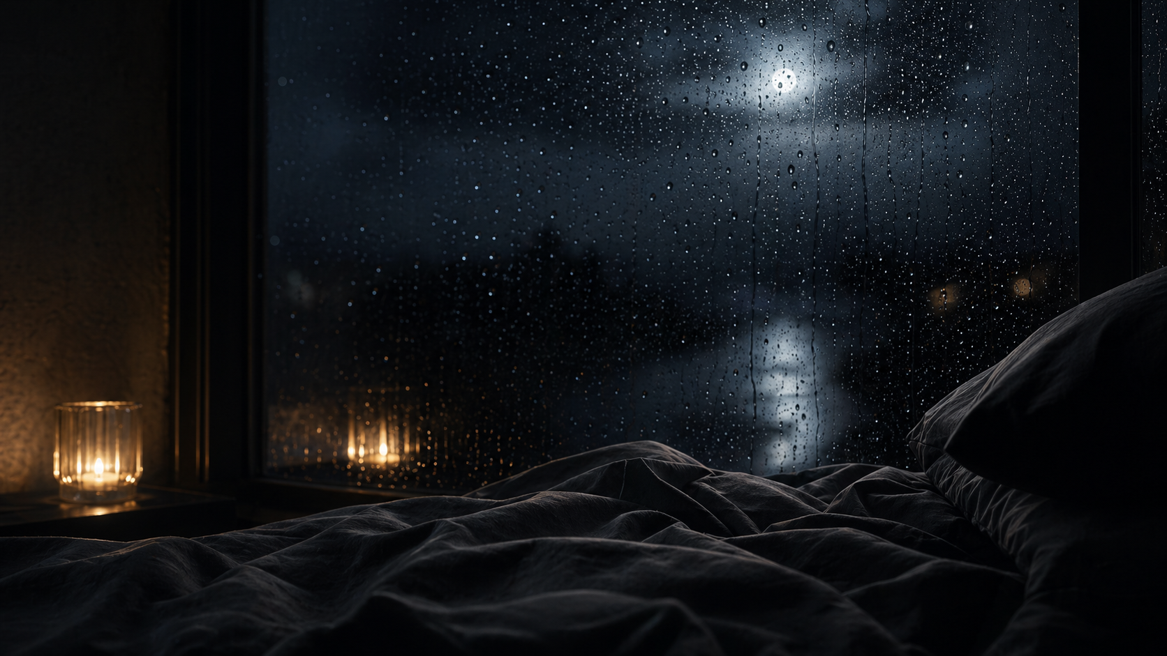 A moonlit rainy bedroom window with candlelight for deep sleep listening